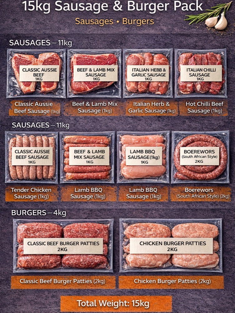 15kg sausage and burger pack contents